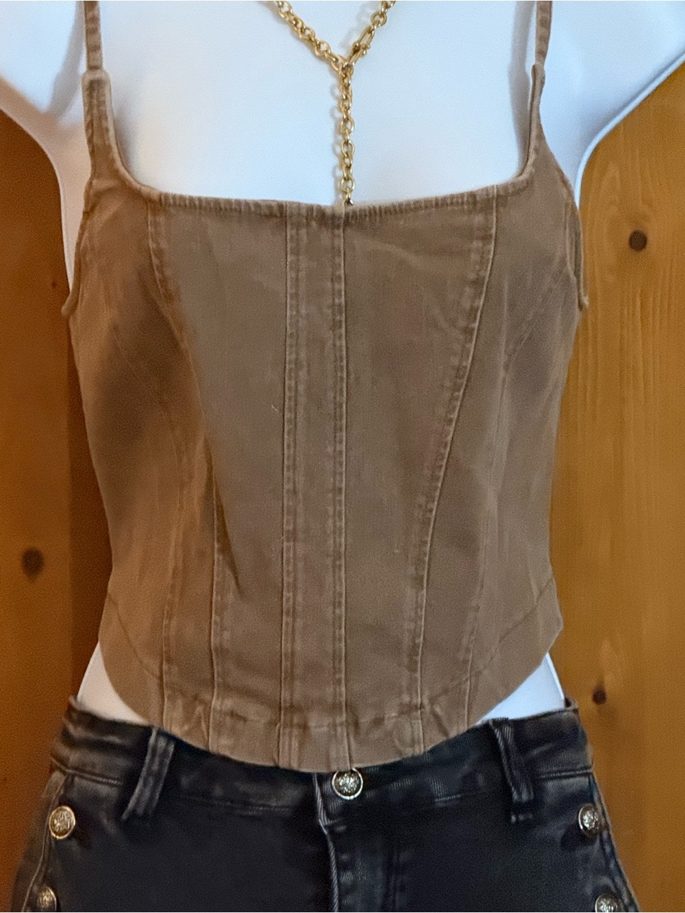 Brown Corset-Style Square Neck Tank Top